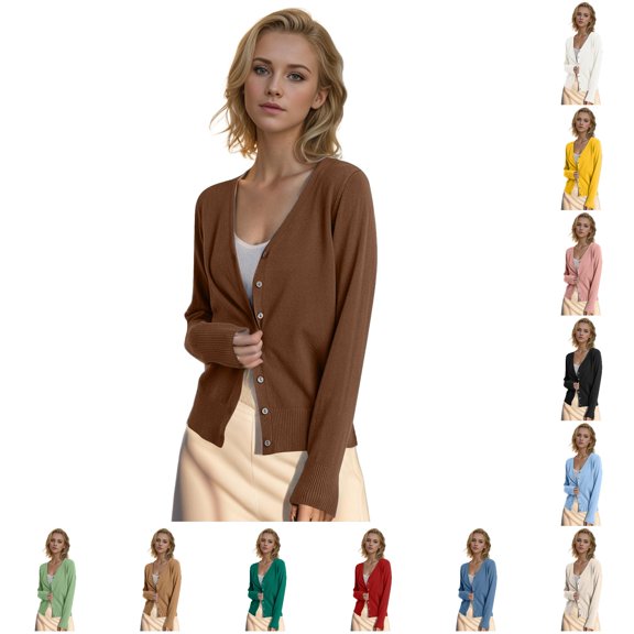 HCYSFG Womens Cropped Cardigan Sweater V Neck Button Front Long Sleeve Slim Fit Lightweight Knit Everyday Layering Tops