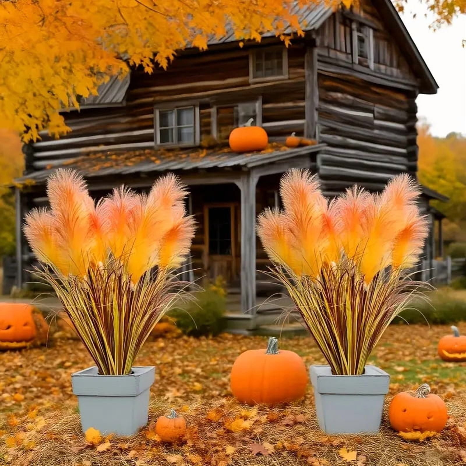 2 pieces artificial imitation reed flowers, autumn harvest large orange yellow reed flowers with onion grass, 31.50 inches high dry feathery stems, maintenance-fre,e indoor/outdoor decoration