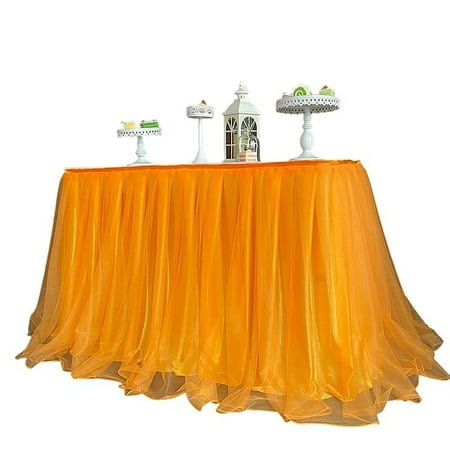 

Solid Color Ice Silk Table Skirt With Swiss Yarn Table Skirt Comes With A Tablecloth Easy To Install Table Skirt For Wedding Dessert Birthday Opening Activity-Orange-1x0.8m