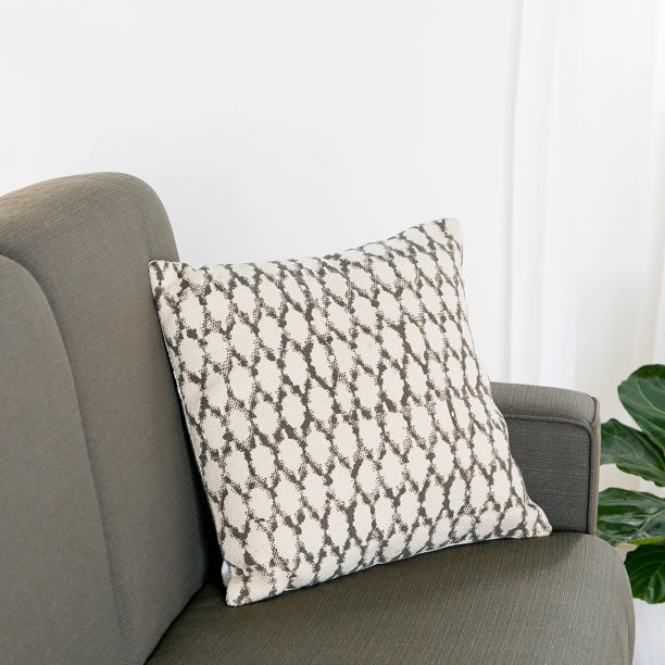 DecMode White Square Throw Pillow with Gray Ikat Pattern, 20” x 20