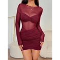 thumbnail image 3 of Women's Solid Color Contrast Mesh Pleated Sexy Mini Dress, Burgundy, Sizes, 3 of 6