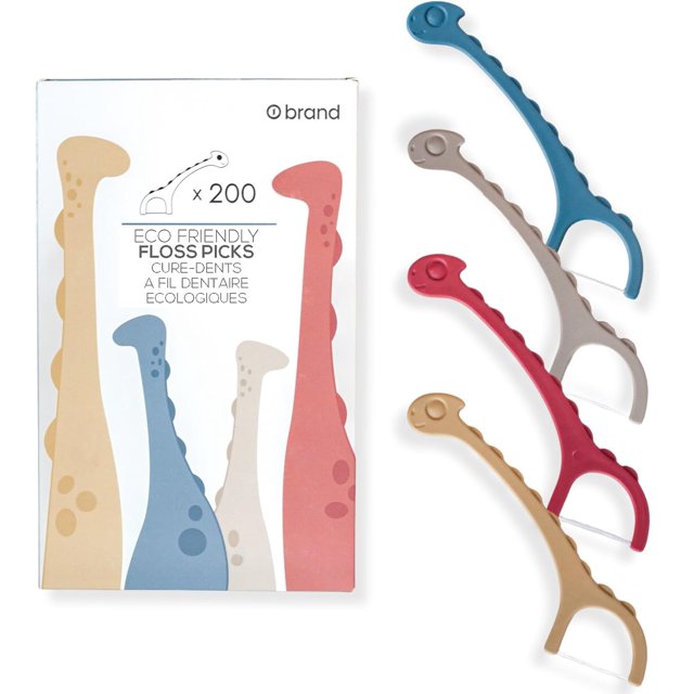 Kids Eco-Friendly Floss Picks, 200 Picks, Fun Animals and Colors, Dental Floss Picks, Plant Based (Dinosaur)
