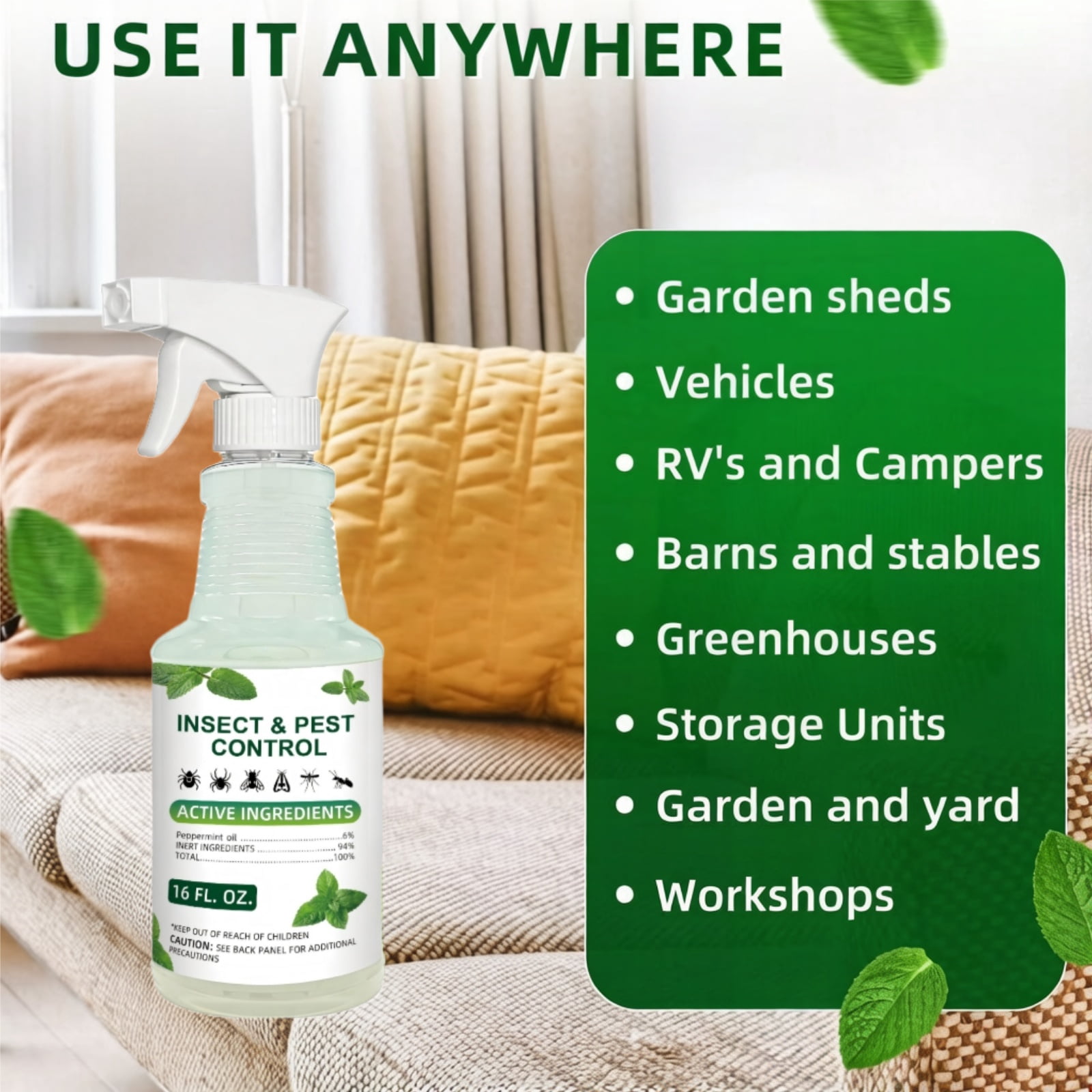 Paddsun Peppermint Oil Insect Traps Spray, 16oz Ready-to-Use Multi-Purpose Botanical Spray for Indoor & Outdoor Use Control for Spiders Ants Mosquito and More Safe for Plants and People