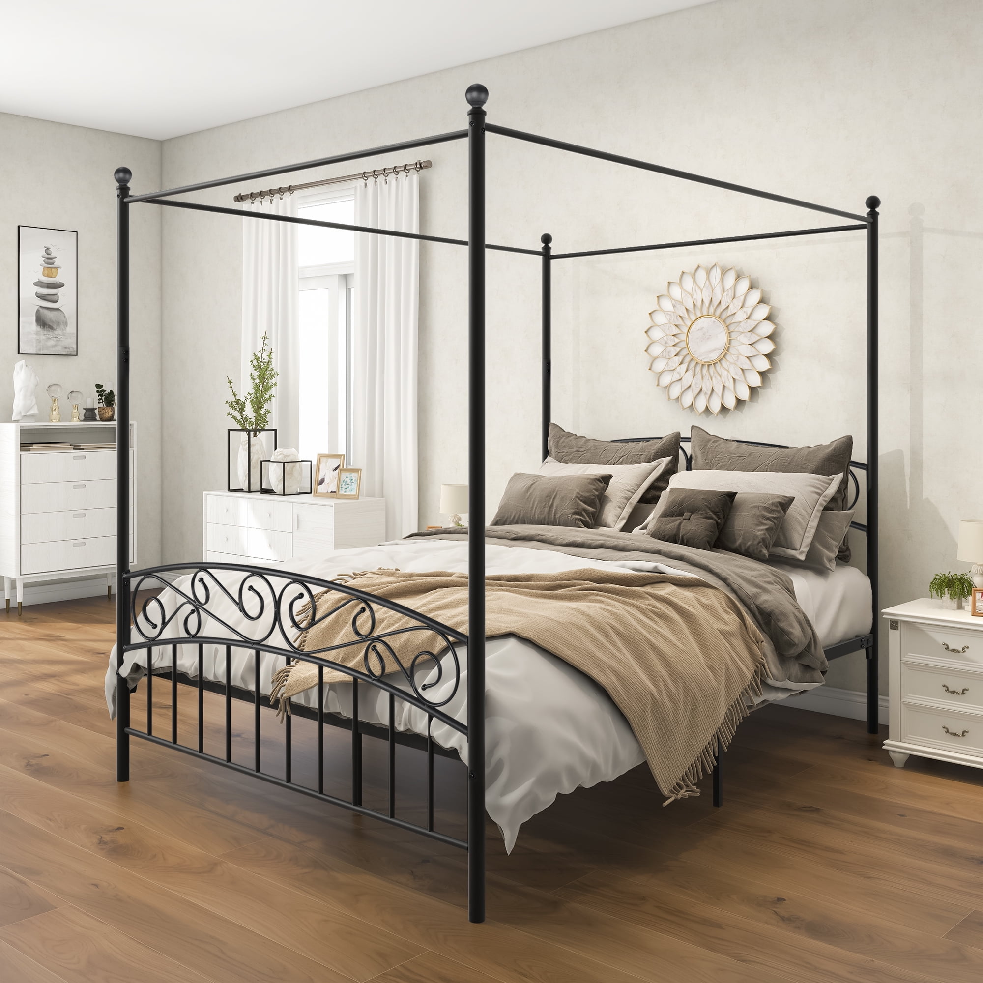 Aukfa Queen Canopy Bed Frame, Four-Poster Metal Platform Bed with Headboard and Footboard - Black