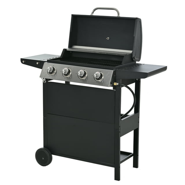 Gas Grill, 4-Burner Propane Gas Grill with Two Shelves, Lid, Wheels and Bottle Opener , Stainless Steel