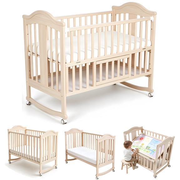 Easebaby 5‑in‑1 Convertible Wooden Crib,Bedside Sleeper,Rocking Bed With Adjustable Height,Mosquito Net,White