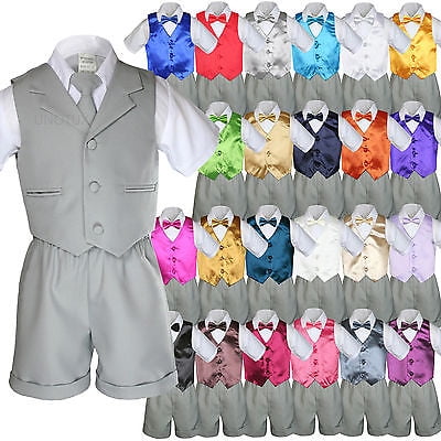 

Baby Boy Toddler Formal Vest Shorts Gray 6 Piece Set Suit Bow Tie 23 Color S-4T
