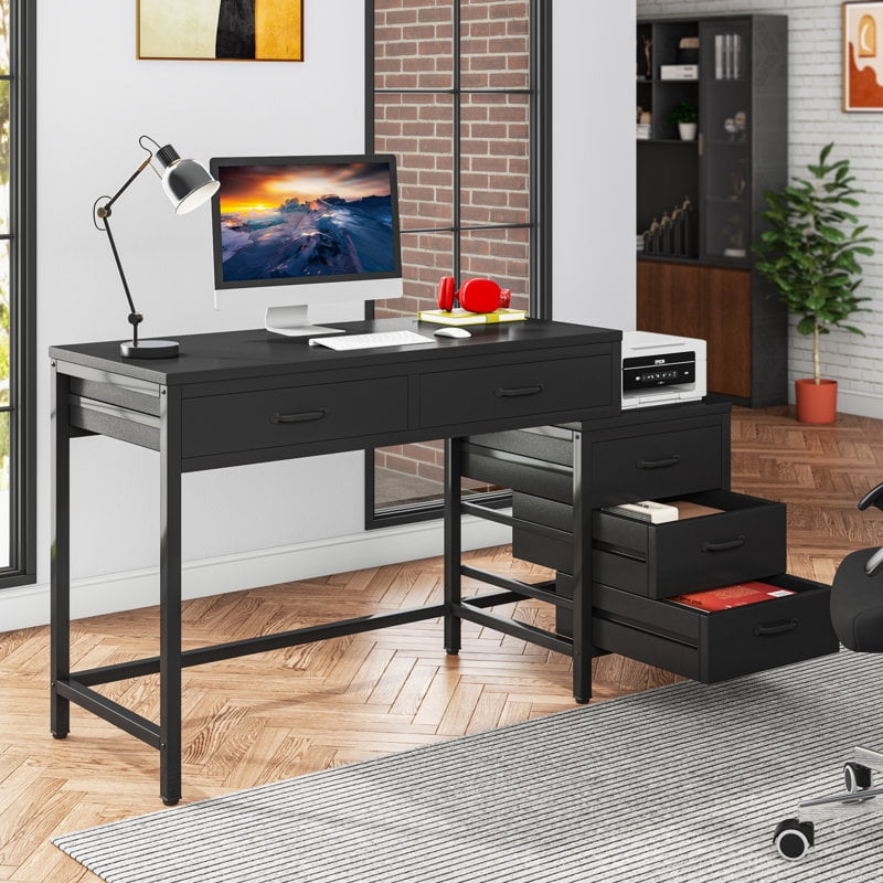 Tribesigns Computer Desk with 5 Drawers, Home Office Desks with Reversible Drawer Cabinet Printer Stand, Industrial PC Desk with Storage, Rustic Study Writing Table Workstation for Small Spaces