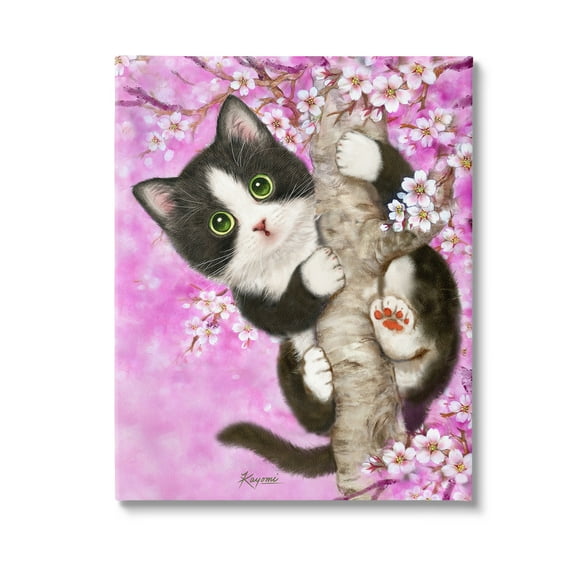 Stupell Industries Kitten & Cherry Blossoms Animals & Insects Painting Gallery Wrapped Canvas Art Print Wall Art, 16 x 20