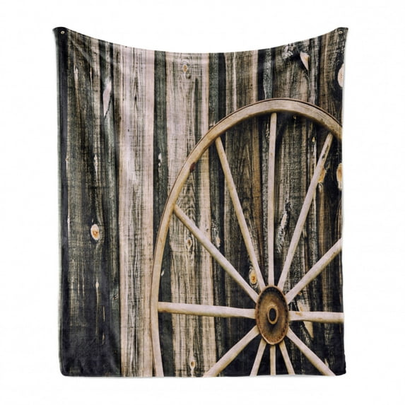 Barn Wood Wagon Wheel Soft Flannel Fleece Throw Blanket, Wooden Barn Door and Vintage Rusty Wheel Rustic Home Farm, Cozy Plush for Indoor and Outdoor Use, 60" x 80", Black Pale Brown, by Ambesonne