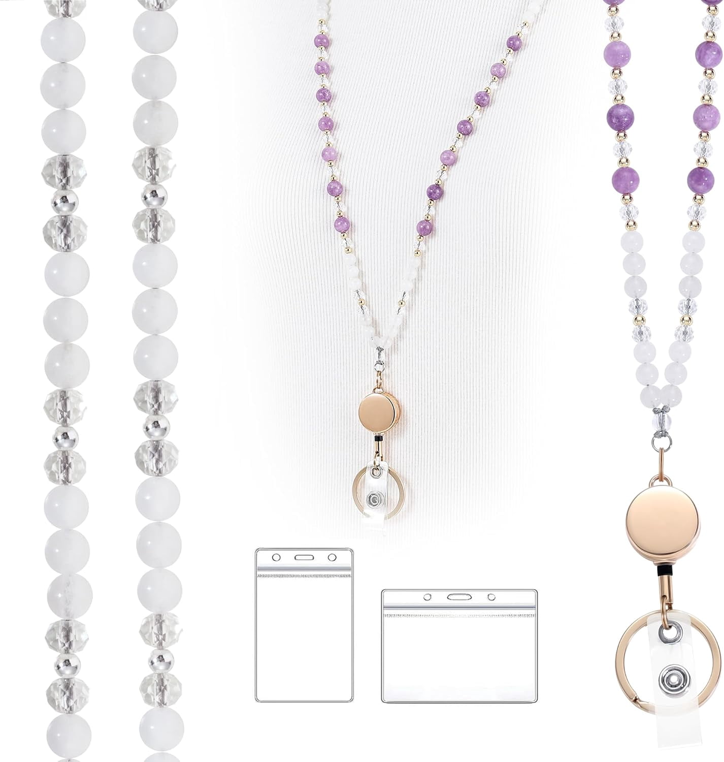 Lanyards for ID Badges and Keys, Retractable Teacher Lanyard for Women Cute, Beaded Lanyard with ID Holder Necklace Lavender Amethyst