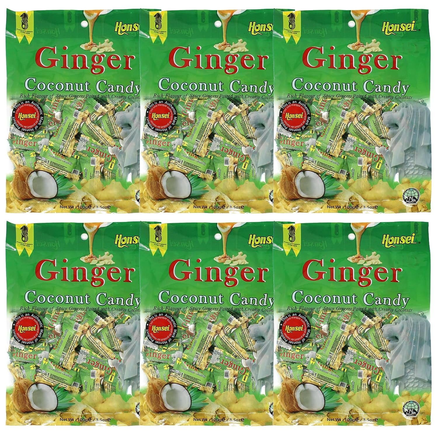 Honsei Ginger Coconut Candy 100g/3.5oz Hard Candy Rich Flavor of Spicy Gingers Paired with