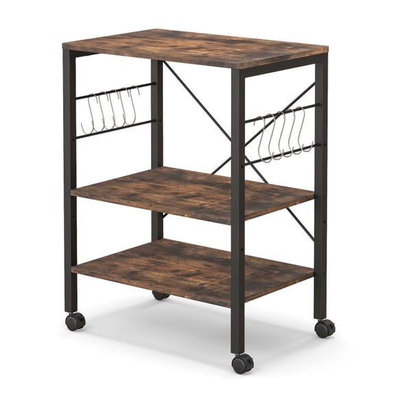 RUIE 3-Tier Kitchen Bakers Rack, Microwave Oven Storage Stand Cart with Hooks for Kitchen Counter Pantry, Rustic Brown