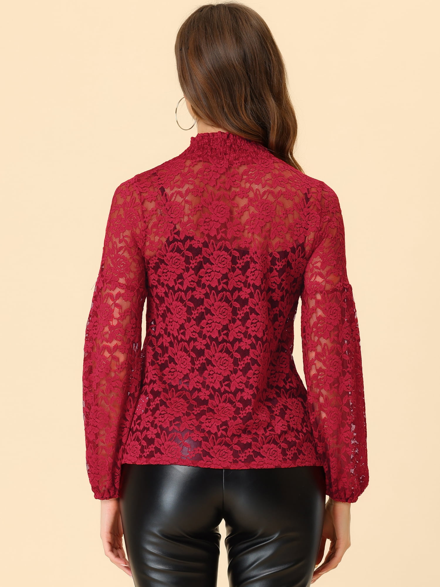 DARING DIVA Lace Elastic Cuff Long Sleeves Vintage Blouse S Dark Red
