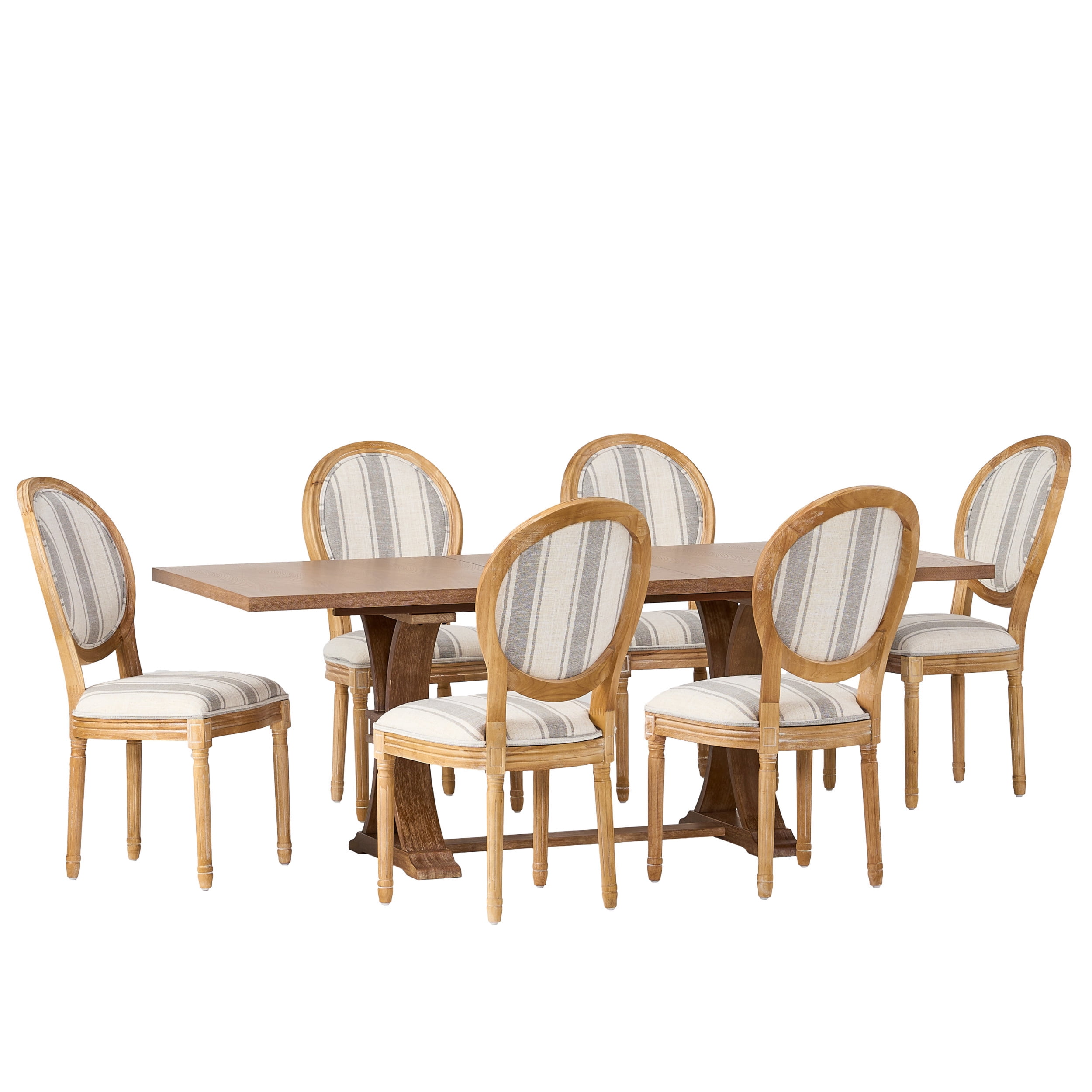 Noble House Dored Fabric and Wood 7 Piece Dining Set, Gray Stripe and White Print and Natural