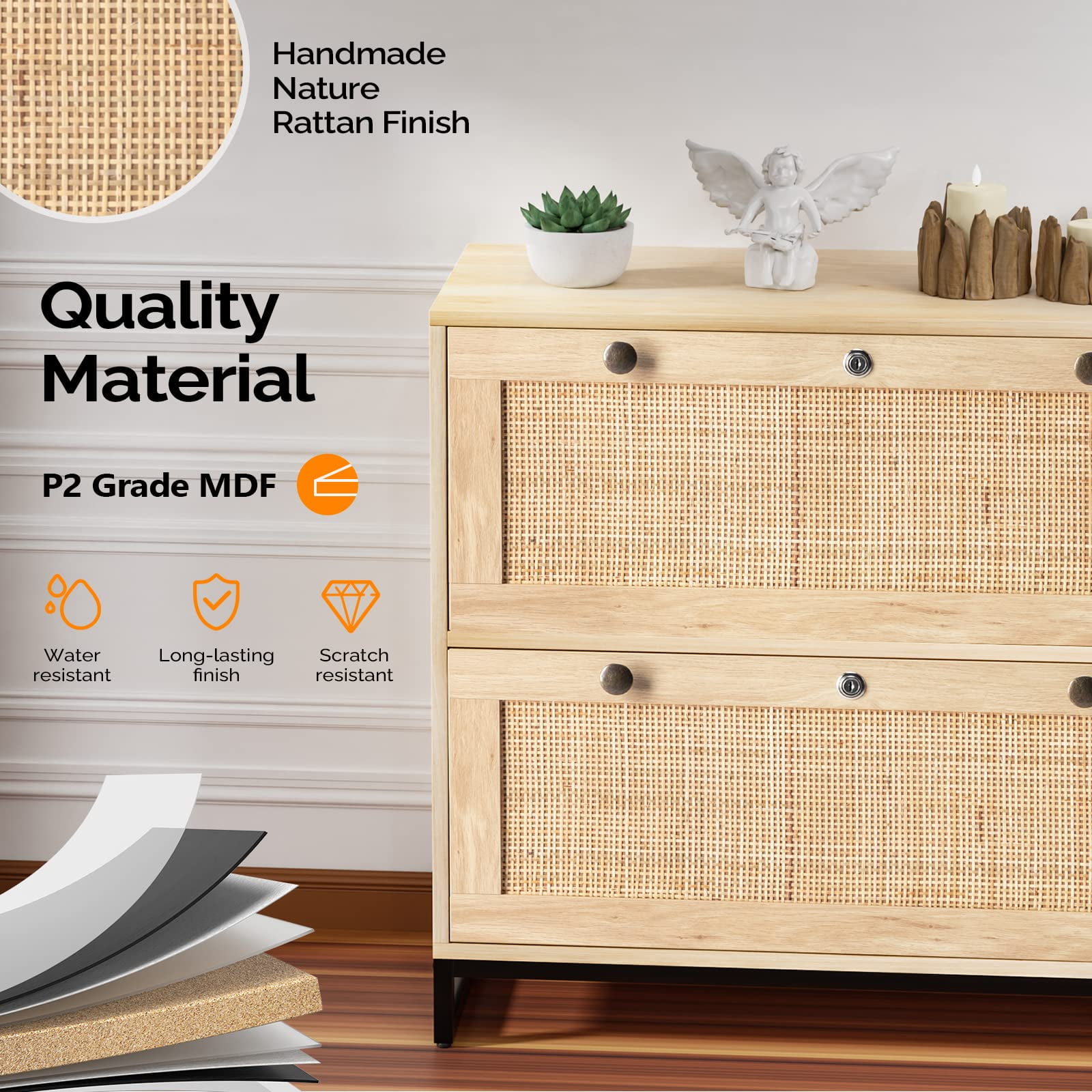 Ktaxon Wood Rattan 2-Drawer Lateral File Cabinet with Lock for Home Office, Lockable Filing Cabinet with Rustic Metal Handles, Oak