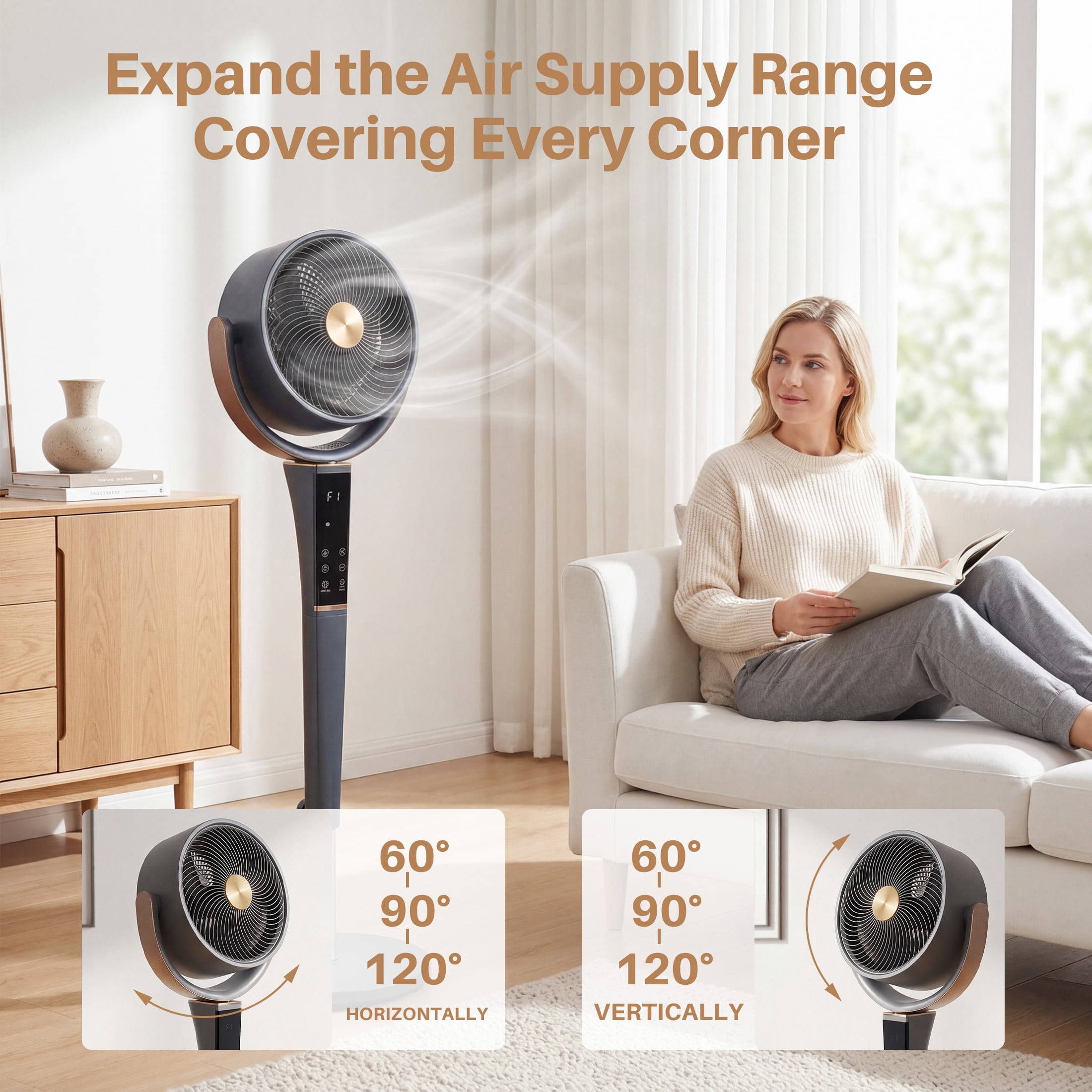 SHOUFTW Quiet Oscillating Pedestal Fan for Bedroom, 15 Speeds 5 Modes, 37-45" Height Adjustable, 12H Timer, Gray