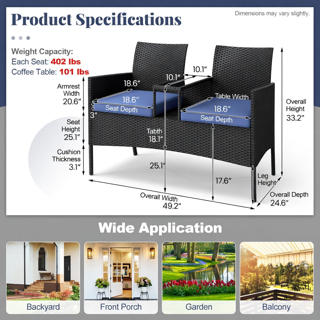 Hommoo Outdoor Loveseat with Built-in Tempered Glass Table, PE Rattan Patio Sofa for Backyard, Porch, Poolside, Navy