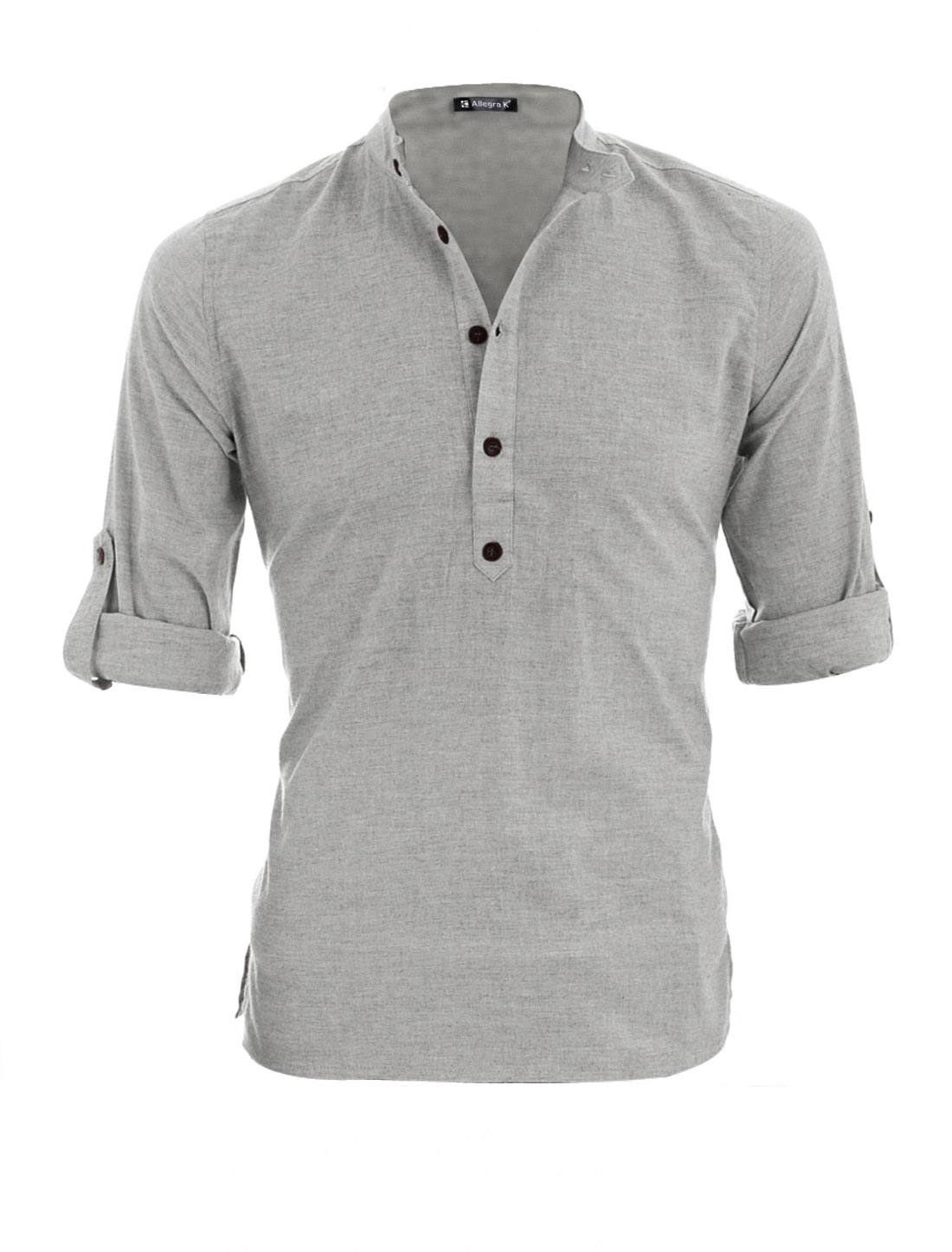 Men Button Cuffs Long Sleeves Heathered Henley Shirt Light Gray S