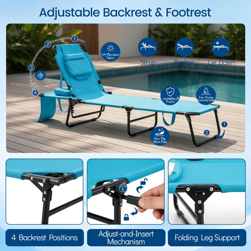 Hommoo Adjustable Beach Chaise Lounge Chair with Face Hole & Removable Pillows, Foldable Lightweight Tanning Lounger for Pool, Beach, Backyard, Navy
