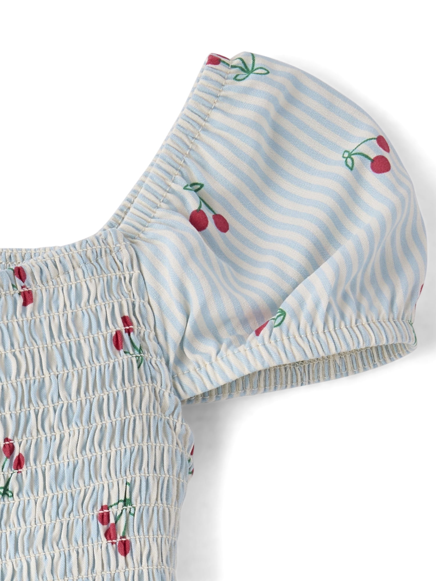 The Children's Place Girls Short Sleeve Striped Cherry Smocked V-Waist Dress, Sizes XS-XXL