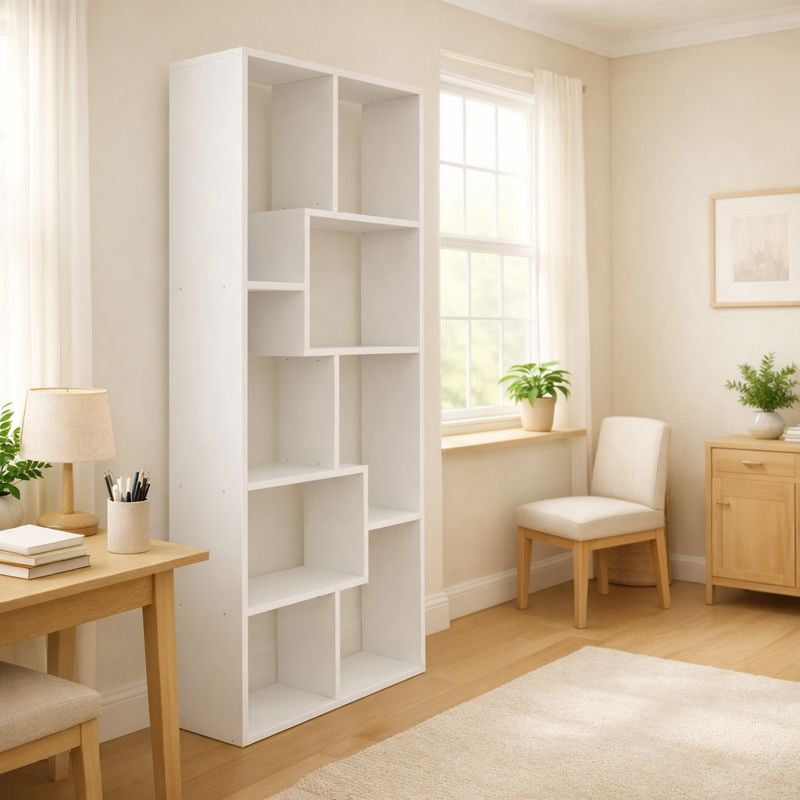 Asymmetrical 5-Tier Display Shelf & Bookcase, Tall Geometric Cube Bookcase with Open Shelves, Modern Storage Cabinet for Living Room, Home Office, White