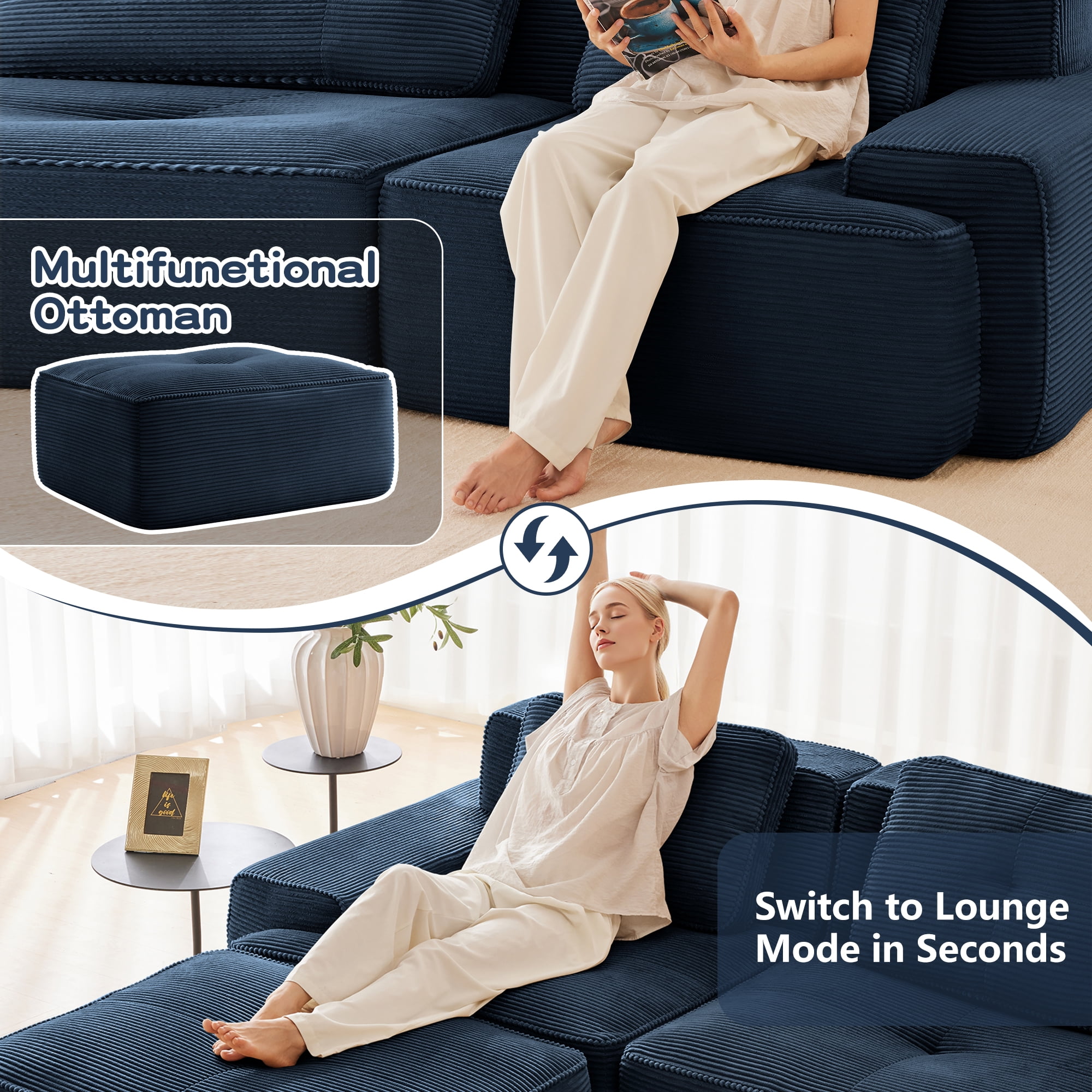 Aukfa Corduroy Modular Sectional Sofa; 29.5" Deep Seat Loveseat, Pearl-Like Trim, Blue