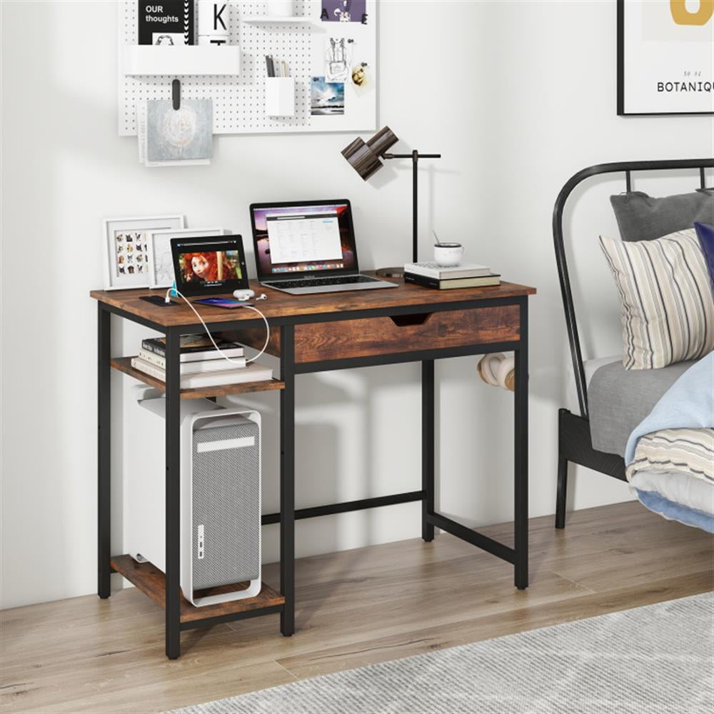 Demi Bonn Computer Desk with Charging Station and Drawer and Adjustable Shelf, Small Home Office Desk Study Writing Table, Brown