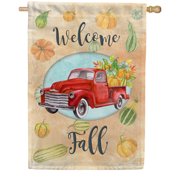 America Forever Welcome Fall Red Truck House Flag, 28 x 40 inch Double Sided, Vintage Pickup with Pumpkins, Autumn Harvest Decor, Seasonal Yard Flag, Farmhouse Decoration