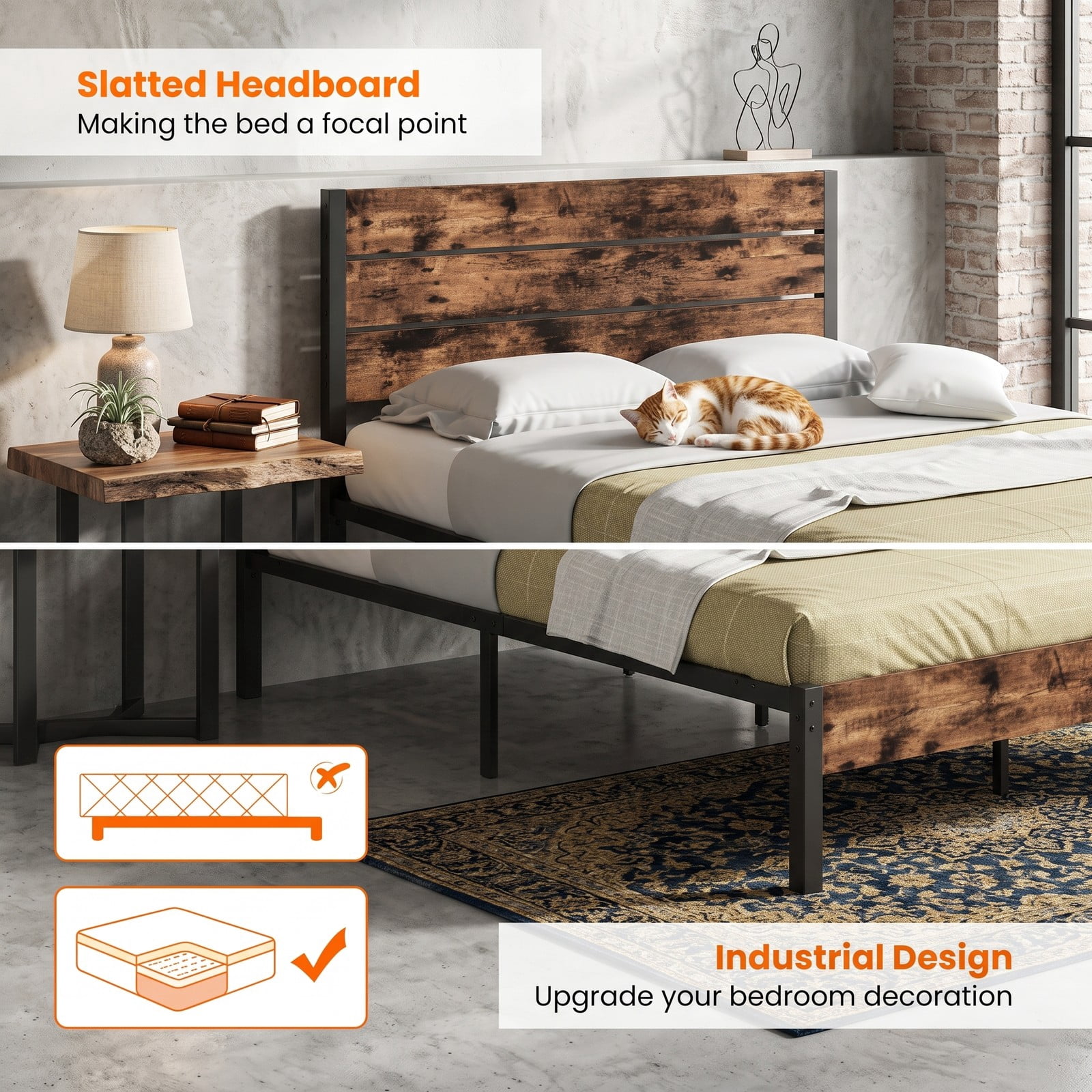 Furnibear Queen Size Bed Frame Metal Platform Bed with High Wood Headboard and Mute Bar, Heavy Duty No Box Spring Needed, Rustic Brown and Black