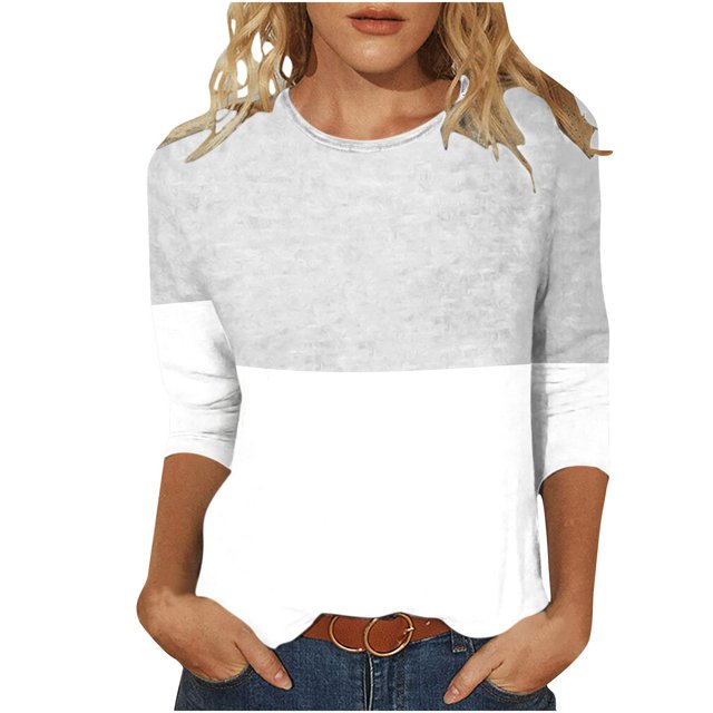 IROINID Hauts à Manches 3/4 Réduits pour Femmes T-shirt Imprimé Ample Blouse Mi-Longue Col Rond Hauts de Détente, Gris