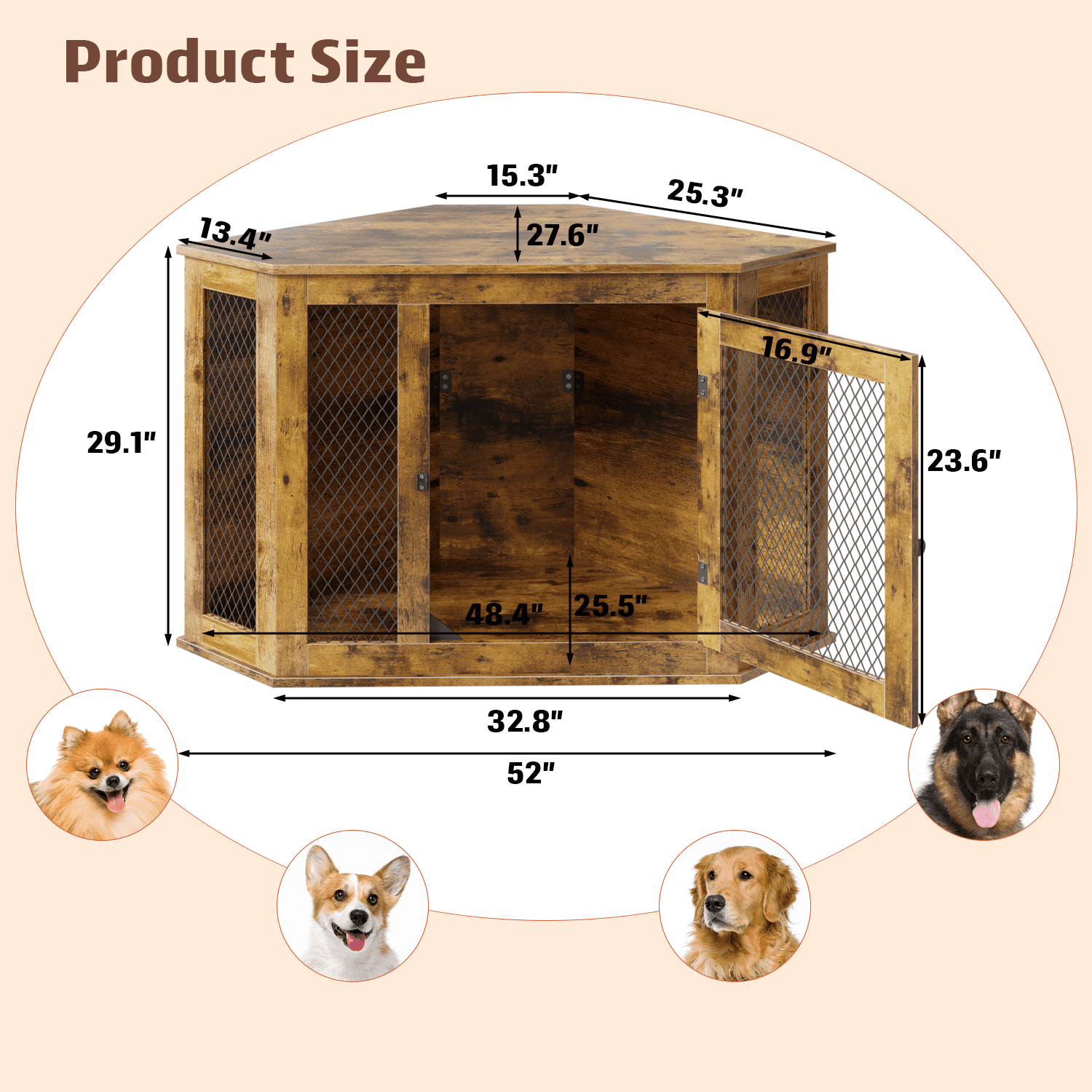 Bossin 52"Corner Dog Crate Furniture，Wooden Dog Kennel Indoor Furniture，Decorative Dog Crate, Dog Kennel TV Stand End Table for Small to Large Dogs