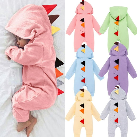 WIBACKER Newborn Baby Boy Girl Dinosaur Onesie Cartoon Long Sleeve Zip Up Hooded Jumpsuit Outfits