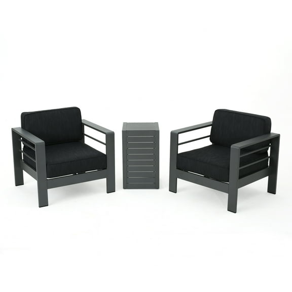 Noble House Cape Coral Outdoor Grey Aluminum 3 Pc Chat Set w/ Grey Cushions