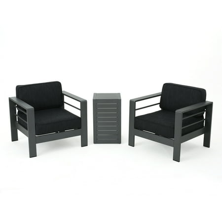 Crested Bay Patio Furniture Outdoor Aluminum 3 Piece Chat Set with Water Resistant Cushions, Grey and Dark Grey