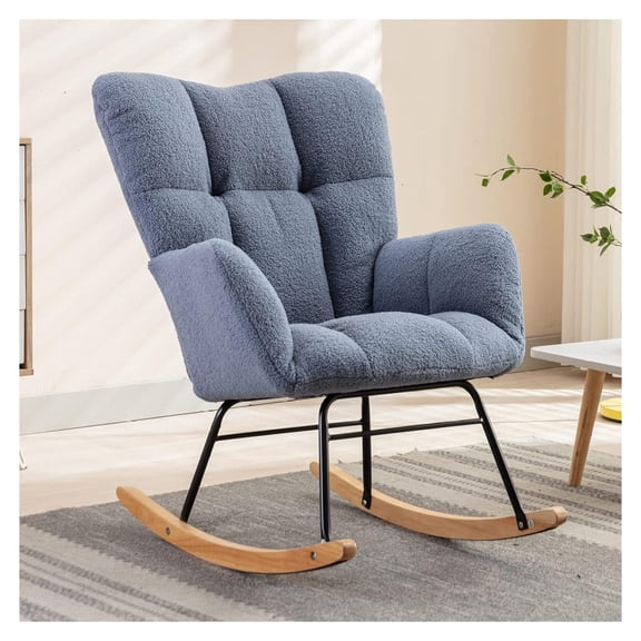 Drevy Nursery Rocking Chair Teddy Upholstered Glider Rocker Rocking Accent Chair Padded Seat with High Backrest Armchair Comfy Side Chair for Living Room Bedroom Offices (Light Blue)
