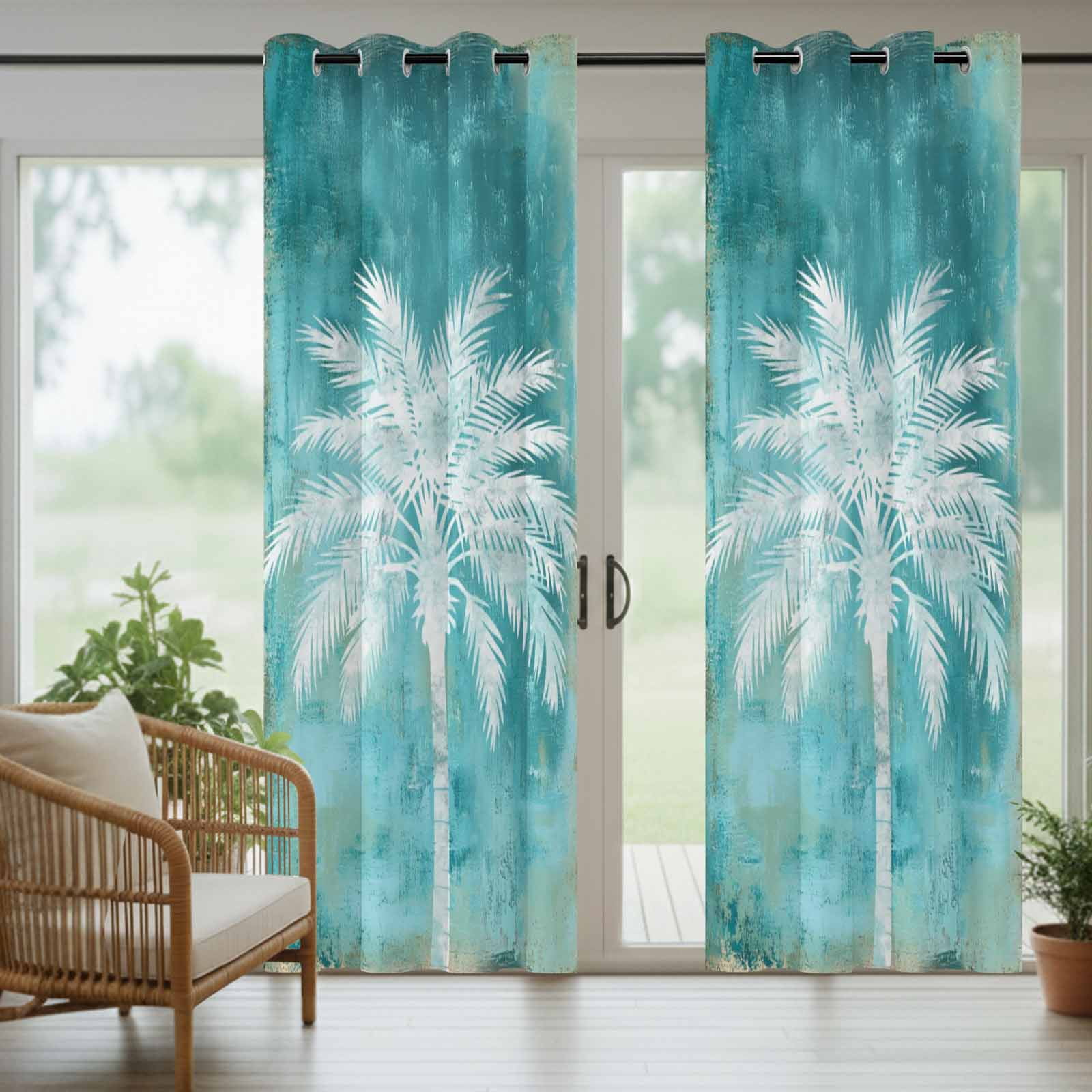 Palm Leaf Outdoor Curtains for Patio, Coastal White Palm Tree Teal Green Sunshade Privacy Drapes Grommet Waterproof Outside Curtains for Porch/Cabana/Balcony 54"x 108", 1 Panel