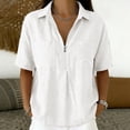 thumbnail image 2 of VBVC Women's Cotton-Linen Half-Zip Collared Shirt,Ladies Short Sleeve Pocketed Casual Blouse,Loose Fit Lightweight Summer Top for Women,White,S-2XL, 2 of 8