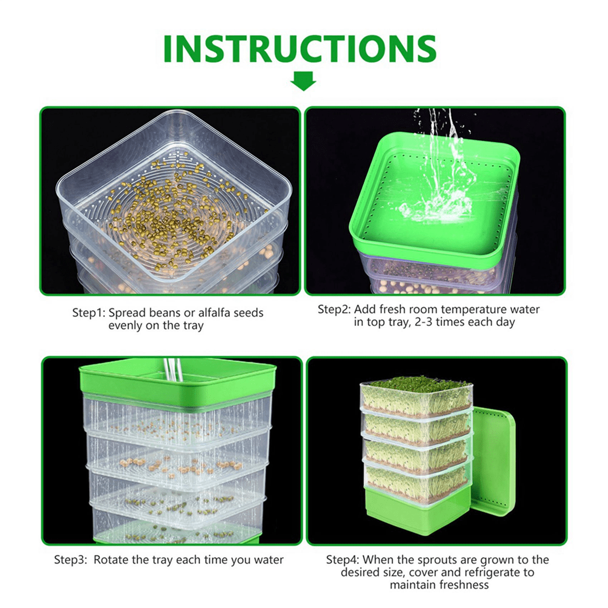 2X Bean Seed Germination Kit, Micro-Green Plant Growing Tray, Drain Four-Tier Stackable Sprout Kit