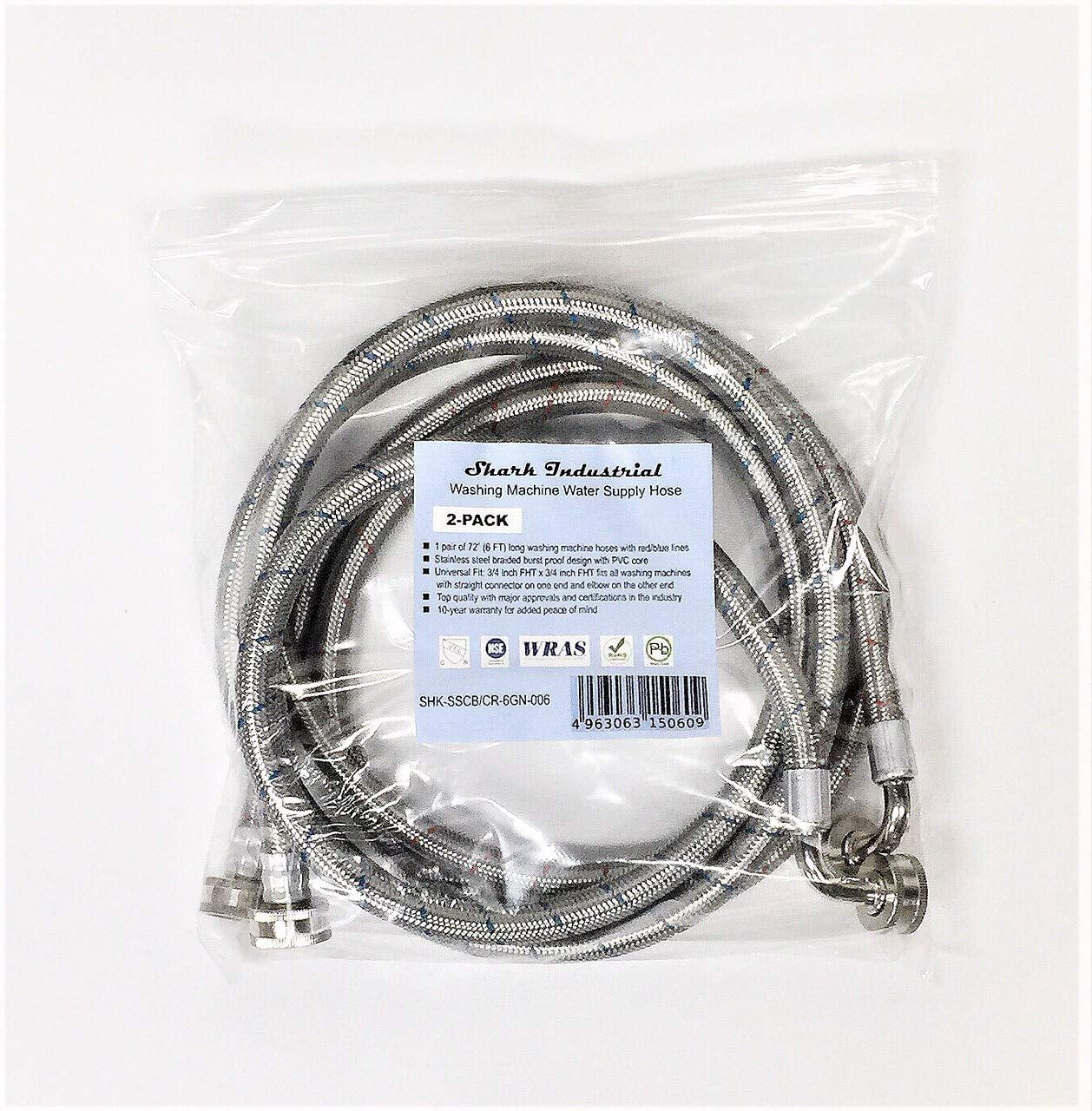 2-Pack Premium Stainless Steel Washing Machine Hoses - 6 FT No-Lead Burst Proof Red and Blue Lined Water Inlet Supply Lines - Universal 90 Degree Elbow Connection