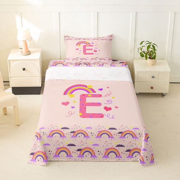 Feelyou Rainbow Letter E Twin Sheet Sets for Girls, Cartoon Lover Heart Bedding for Kids, Pink, 3pcs