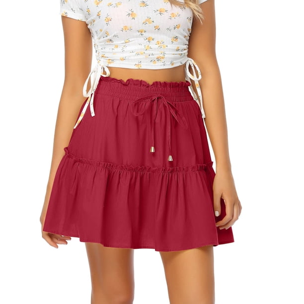 Gibobby faldas para niña corta de moda para mujer Falda sólida elástica de cintura alta(Vino, M)