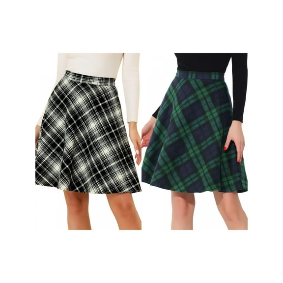 NOMADIC NOOK Women Plaids Elastic Waist Knee Length Worsted A Line Skirt 2 Packs X-Small Green/Black
