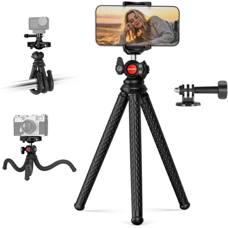 Flexible Phone Tripod, Small Mini Camera Webcam Desk Stand, Phone Holder & Action Camera Mount Adapter Compatible with iPhone GoPro DJI Pocket 4 3 Xtra Muse Insta360 for Video Recording, TP34
