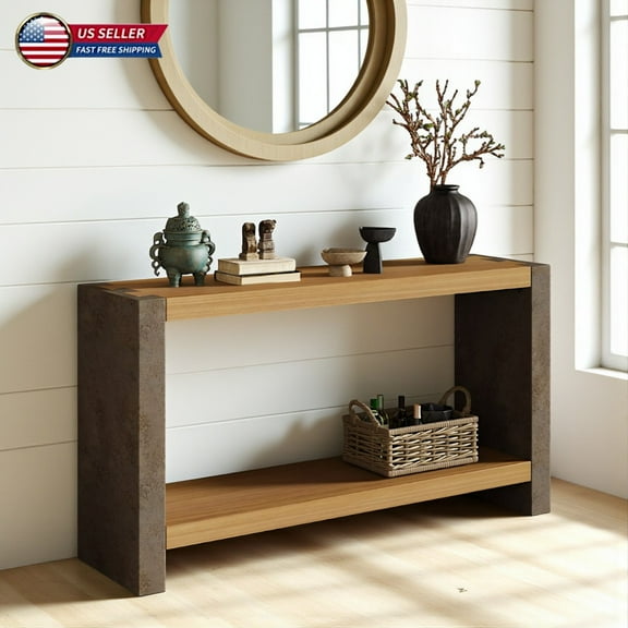 Hassch 59" Vintage Industrial Console Table with Dovetail Joinery, Rustic Patina Metal-Look MDF Legs & Solid Wood Veneer Top, Entryway Sofa Table for Living Room or Hallway, Natural and Rust Finish