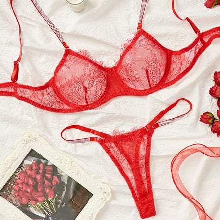 Generic New Pure Desire Transparent Mesh Lace Underwear Female Thin Bra Set Hot Rhinestone Embellished Sexy Lingerie