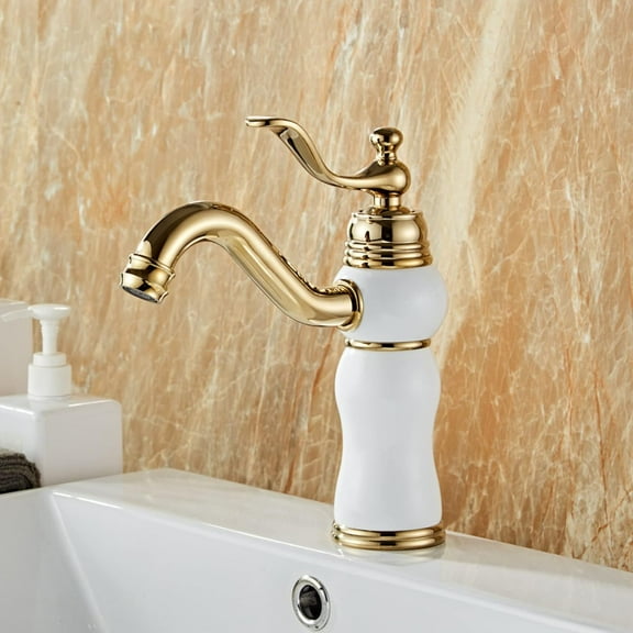 Vintage Bathroom Faucet, Brass Sink Faucet Bathroom, Sink Faucet Hot and Cold Mix Tap, Bathroom Sink Faucet Single Handle, White Gold, Short