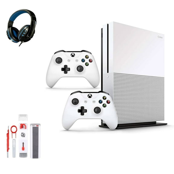 Pre-Owned Microsoft Xbox One S 500GB with 2 Controller, 4K Ultra HD White with BOLT AXTION Cleaning Kit Headset Bundle