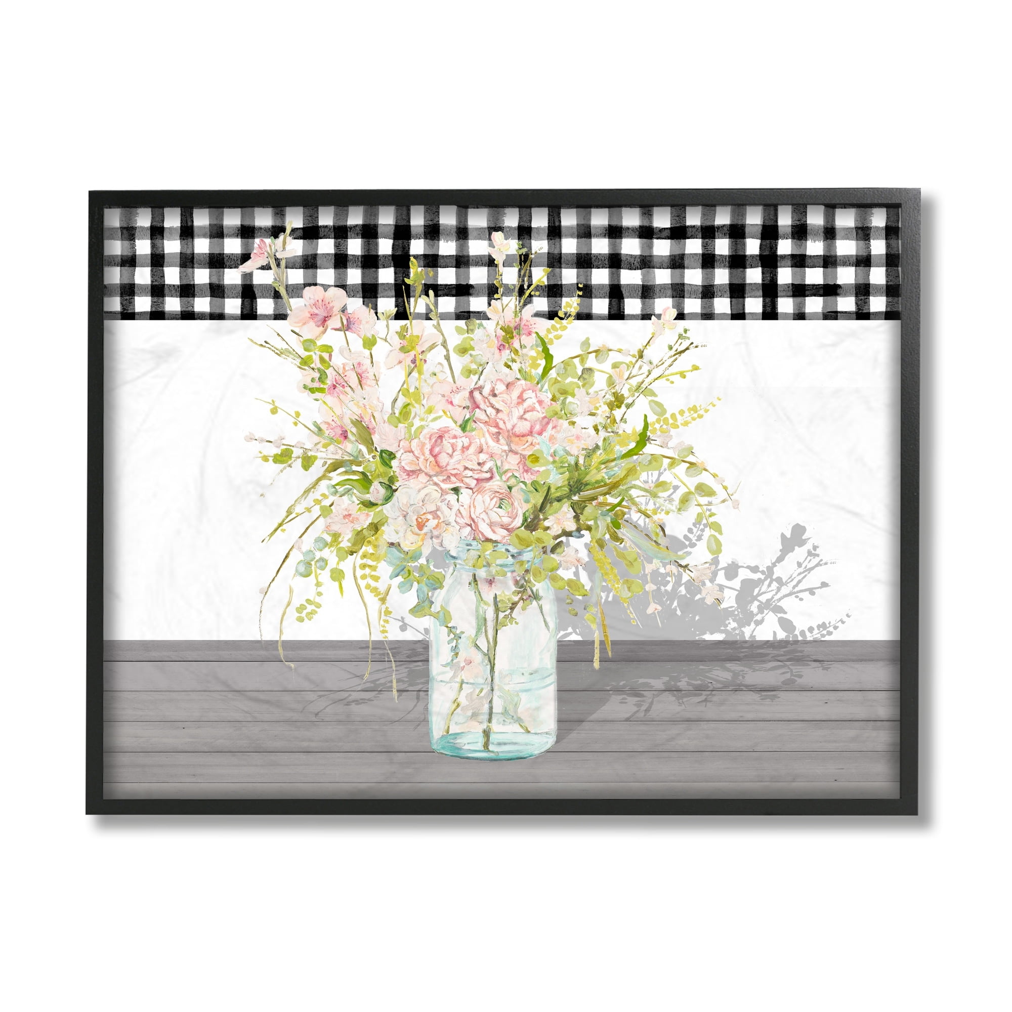 Stupell Industries Pink Rose Bouquet Charming Gingham Plaid Gray Framed by Patricia Pinto