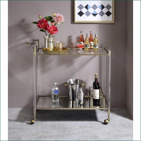 Serving Cart with Wine Holder, 31”L x14”W x24”H, Antique Mirror & Brass Accents | Glass Metal